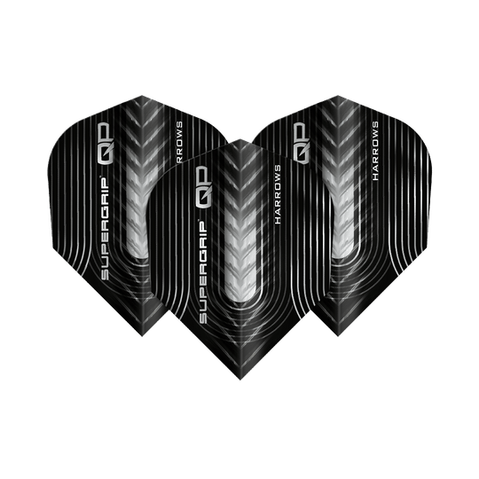 Harrow's Supergrip QP No6-vluchten Harrows Supergrip QP No6 Flights sind Dartflights mit besonderem Design. Dieses Bild zeigt ein Set dieser Flights.