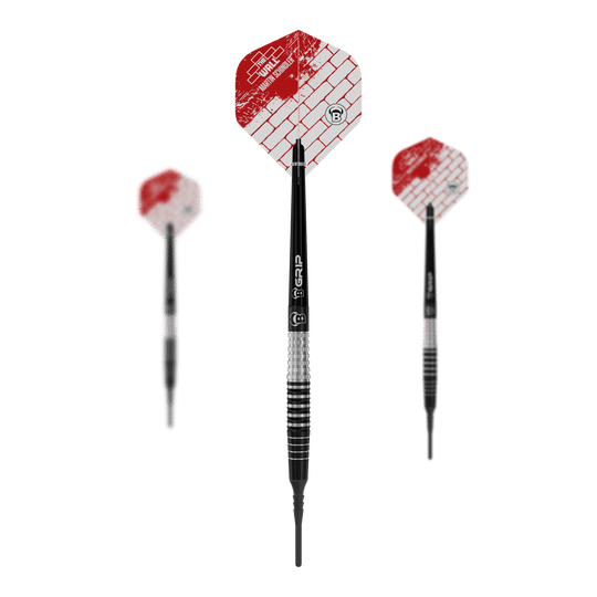 Das Bild zeigt drei Softdarts des Modells „Bulls Martin Schindler Original Generation 3“. Die Darts haben schwarz-silberne Schäfte und rot-weiße Flights mit Ziegelmuster.