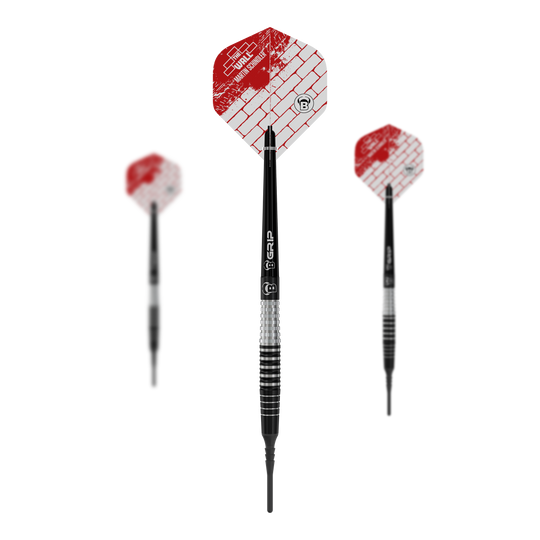 Bulls Martin Schindler Original Generation 3 zachte darts Das Bild zeigt drei Softdarts des Modells „Bulls Martin Schindler Original Generation 3“. Die Darts haben schwarz-silberne Schäfte und rot-weiße Flights mit Ziegelmuster.