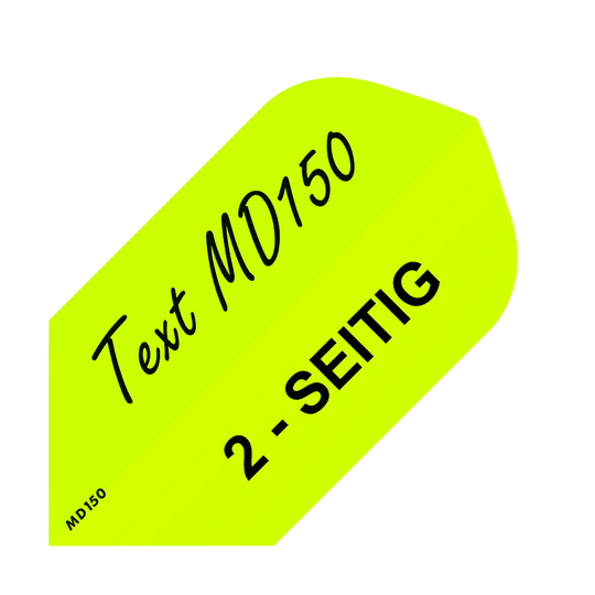 MD-255_2-Seitig_Bedruckte_Flights_Wunschtext_MD150_Neongelb_Slim_1 Das Bild zeigt einen gelben Dartflight mit schwarzer Aufschrift „Text MD150" und „2-SEITIG“. Es gehört zum Produkt „10 Satz Bedruckte Flights 2-Seitig - Wunschtext - MD150 Slim“.