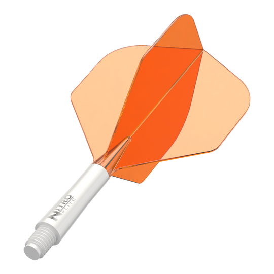 Red Dragon Nitroflite witte schacht oranje flights nr. 2 Abgebildet ist ein Dart-Schäfte-Set mit weißem Schaft und orangen Flights. Das Produkt scheint ein Red Dragon Nitroflite Modell in kurzer Ausführung zu sein.