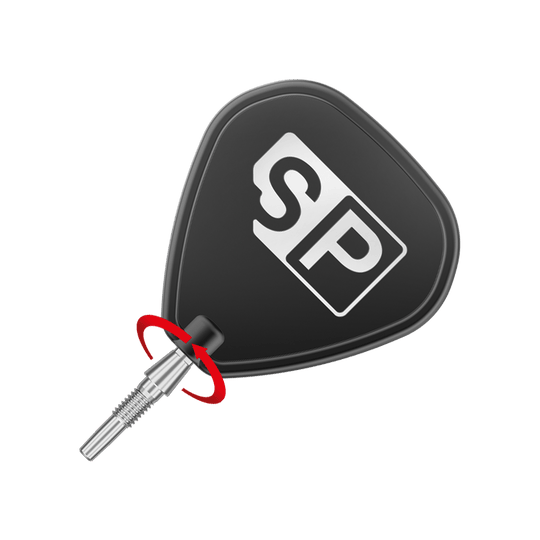 Target Swiss Point Storm Surge stalen dartpunten - zilver Das Bild zeigt eine Dartspitze mit einem schwarzen Flight, auf dem die Buchstaben "SP" abgebildet sind. Ein roter Pfeil deutet auf eine Drehbewegung am Verbindungsstück der Spitze hin.