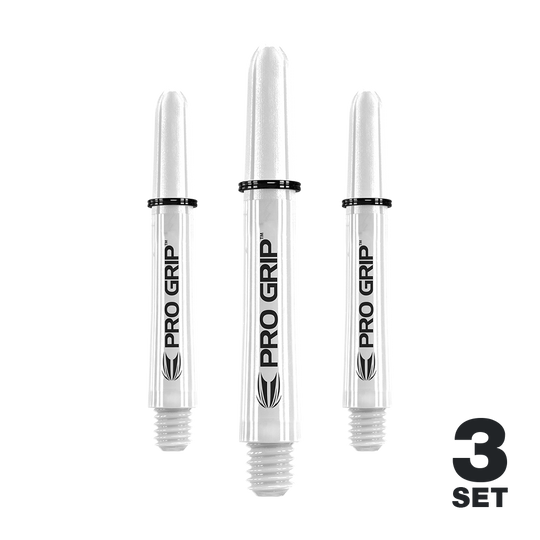 Target Pro Grip Shafts - 3 sets - Wit Das Bild zeigt drei weiße Pro Grip Shafts für Dartpfeile. Unten rechts steht "3 Set" geschrieben.