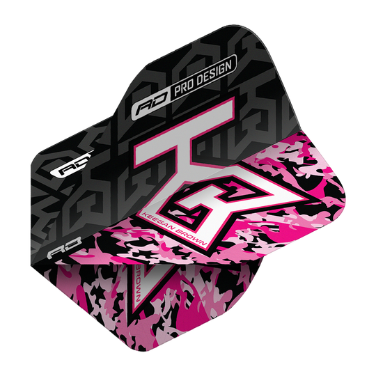 Das Bild zeigt einen Dartflight mit dem Namen "Red Dragon Hardcore Keegan Brown Premium No2 Standard Flights". Das Design ist hauptsächlich schwarz und pink mit einem großen stilisierten Buchstaben und Tarnmuster.