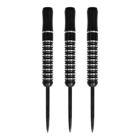 McDart Void Steeldart-vaten - 23 g Auf dem Bild sind drei McDart Void Steeldart Barrels mit einem Gewicht von 23g zu sehen. Die Darts sind schwarz mit silbernen Rillen und haben eine schlichte, moderne Optik.