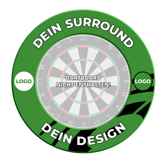 Dartbordomlijsting met uw eigen ontwerp Das grüne Dartboard-Surround mit Wunschdruck ist aus einem weiteren Blickwinkel zu sehen. Es dient dem Schutz der Wand und dem besseren Spielerlebnis.