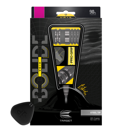 Target Bolide Void 04 Swiss Point stalen darts Das Bild zeigt die Verpackung der "Target Bolide Void 04 Swiss Point Steeldarts". Die Darts bestehen zu 90 % aus Tungsten und haben eine Stahlspitze.