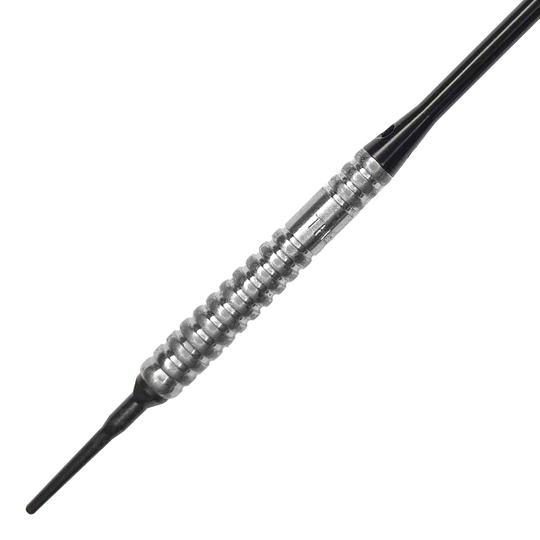 McDart 85 Tungsten V20 Zachte Darts - 17g Auf dem Bild ist ein McDart 85er Tungsten V20 Softdart mit einem Gewicht von 17g zu sehen. Der Dartpfeil hat eine silberne, geriffelte Griffzone und eine schwarze Spitze.