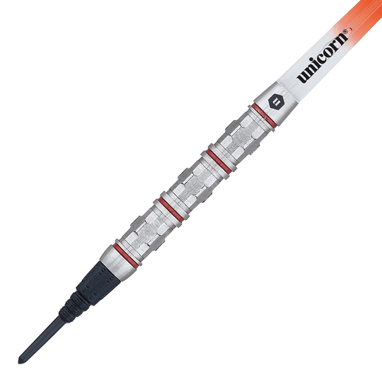 Unicorn Ballista Style 4 zachte darts Das Bild zeigt einen Softdart der Marke Unicorn Ballista Style 4. Der Dart hat einen silbernen Barrel mit roten Ringen und einer schwarzen Spitze.