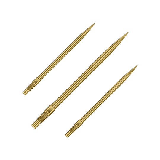 Harrows Quick Point Heavy Metal Dartpunten - Goud Das Bild zeigt Harrows Quick Point Heavy Metal Grip Dartspitzen in Gold mit einer Länge von 40mm. Es handelt sich um ein Set von Dartspitzen.