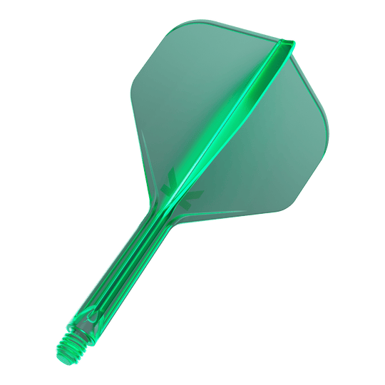 Target K-Flex No2 Standaard Vluchtsysteem - Groen Das Bild zeigt einen grünen Dartflügel mit einem integrierten Schaft. Der Flügel hat eine Standardform und besteht aus durchsichtigem Kunststoff.