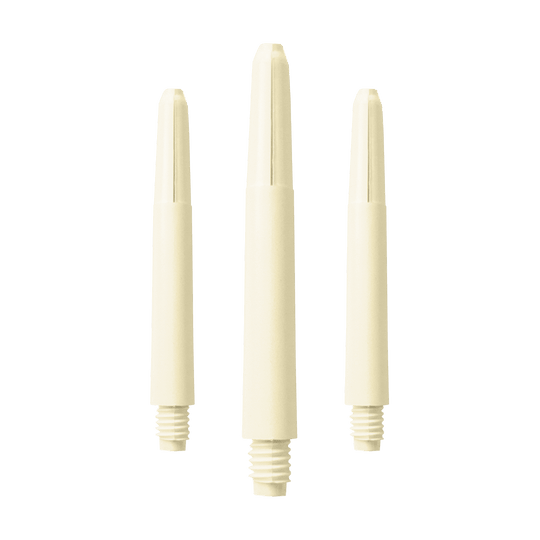 577_Nylon_Shafts_Naturweiss_40mm_1 Das Bild zeigt drei Nylon-Schäfte in Naturweiß. Sie sind länglich geformt und verfügen unten über ein Schraubgewinde.