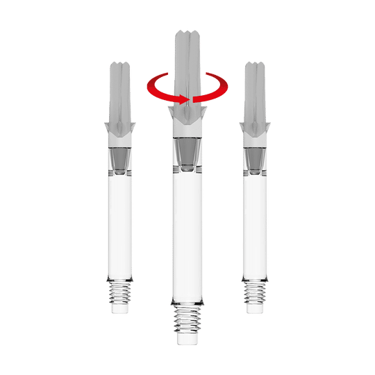 Das Bild zeigt drei durchsichtige L-Style L-Shafts Silent Straight für Dartpfeile. In der Mitte ist ein roter Pfeil, der eine Drehbewegung des oberen Teils anzeigt.