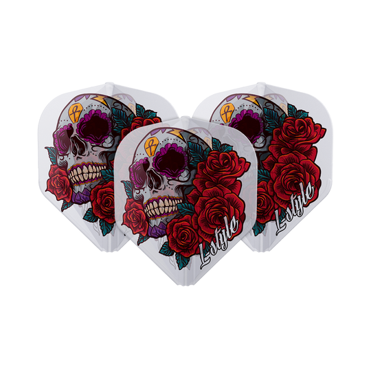 Das Bild zeigt drei Dart-Flights mit einem auffälligen Totenkopf- und Rosenmotiv. Auf den Flights steht der Schriftzug „L-Style“.