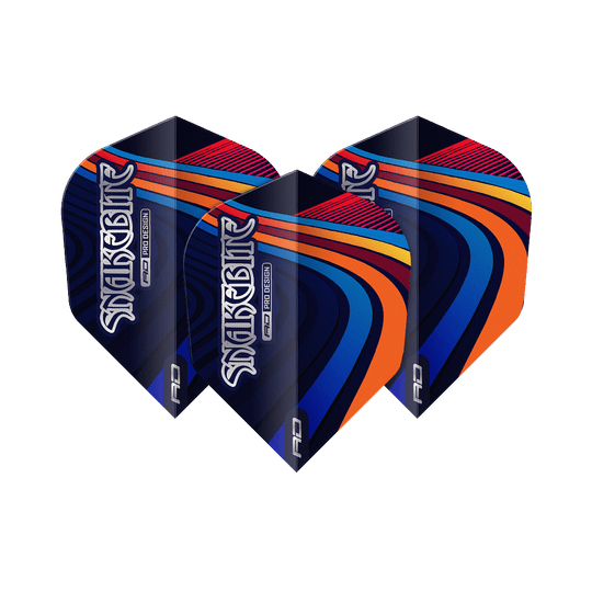Red Dragon Peter Wright Snakebite Multi Swirl No6 Vluchten Das Bild zeigt drei bunte Dart-Flights mit dem Schriftzug "Snakebite". Die Flights haben ein auffälliges Muster in Blau, Orange, Rot und Gelb.