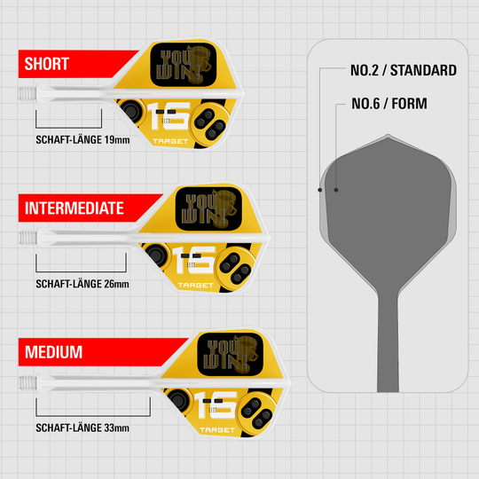 Das Bild stellt Target K-Flex You Win No6 Flights dar. Diese Flights werden beim Dartsport eingesetzt.