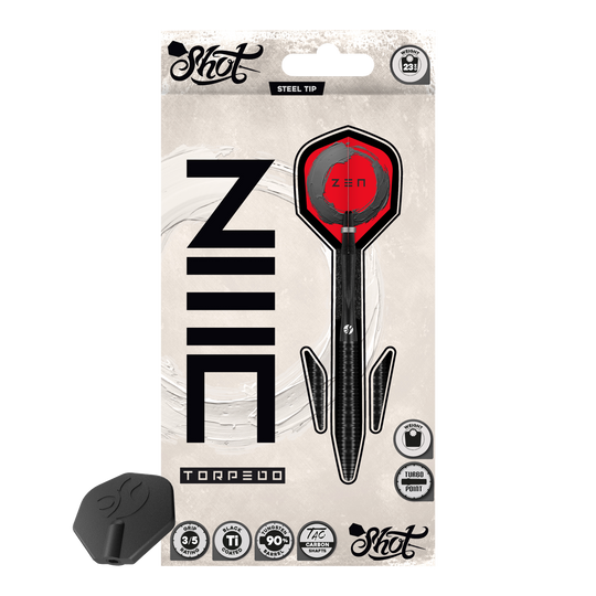 Shot ZEN Torpedo Turbo Point stalen dartpijlen - 23 g Die Shot ZEN Torpedo Turbo Point Steeldarts mit 23g werden aus einer anderen Perspektive gezeigt. Die Oberfläche und die Details der Darts sind gut zu erkennen.