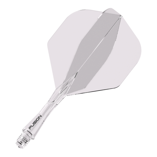 Winmau Fusion Flight Shaft System Standaard Helder Das Bild zeigt ein durchsichtiges Dartflight- und Shafts-System. Auf dem Schaft steht das Wort "FUSION".