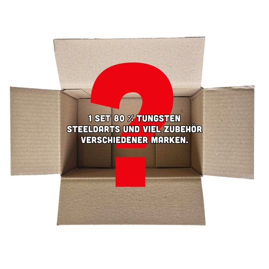 Das Bild zeigt einen offenen, leeren Karton mit einem großen roten Fragezeichen darauf. Auf dem Karton steht der Text: "1 Set 80 % Tungsten Steeldarts und viel Zubehör verschiedener Marken."