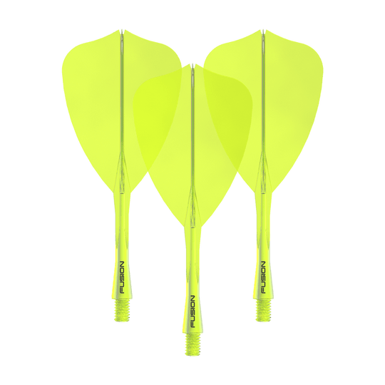 Winmau Fusion Flight Shaft System Arrow Neon Yellow Dieses Bild zeigt das Winmau Fusion Flight Shaft System Arrow Set in Neongelb mit einer Länge von 28 mm. Zu sehen ist vermutlich ein komplettes Dartset.