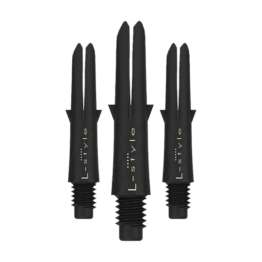 L-Style carbon schachten Das Bild zeigt drei schwarze Dartschäfte aus Carbon der Marke L-Style. Sie sind ohne Kappen und haben eine Länge von 26 mm.
