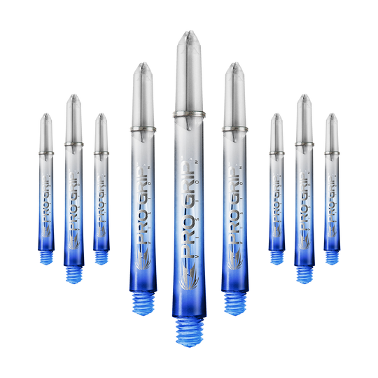 Target Pro Grip Vision Shafts - 3 sets - Blauw Das Bild zeigt neun transparente Dartschäfte mit blauem unteren Ende. Auf den Schäften steht "Pro Grip" geschrieben.