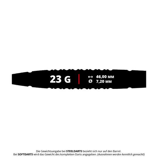 Caliburn Sword S3 stalen darts - 23g Das Bild zeigt die Produkteigenschaften der Caliburn Sword S3 Steeldarts mit einem Gewicht von 23 Gramm. Die Länge beträgt 46,00 mm und der Durchmesser 7,20 mm.