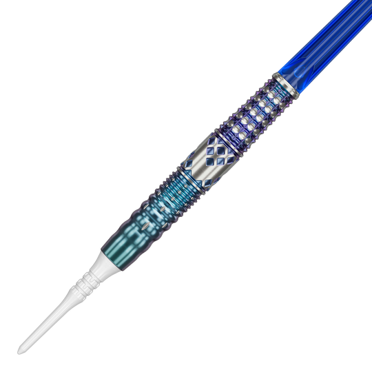 Target Japan Cathy Leung Charis GEN5 Soft Darts - 19g Dies ist ein Softdart namens "Target Japan Cathy Leung Charis GEN5 Softdarts - 19g". Er hat ein auffälliges Design mit blauen und silbernen Akzenten sowie strukturierter Oberfläche.