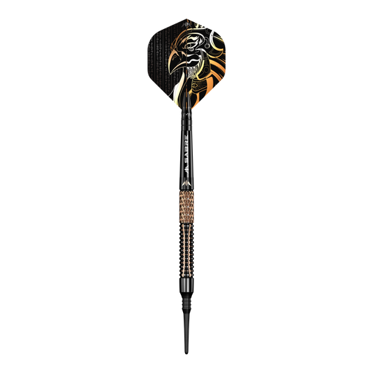 Mission Horus Softdarts - 19g Der Mission Horus Softdart - 19g ist ein stilvoller Dartpfeil mit schwarzem und goldfarbenem Design. Auf der Flight-Fläche ist der Kopf eines stilisierten Vogels abgebildet.