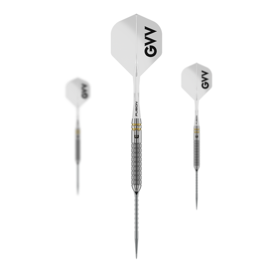 Auf dem Bild ist ein Set der Winmau Gian Van Veen W-MAX Switch Point Steeldarts zu sehen. Alle drei Darts und das Zubehör sind abgebildet.
