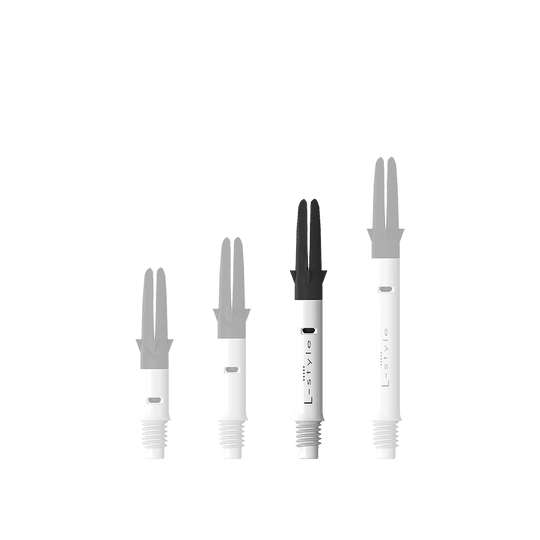 Abgebildet ist der L-Style L-Shaft Carbon Silent Straight in Weiß, Modell 260. Dieses Produkt wird für den Zusammenbau von Dartpfeilen verwendet.