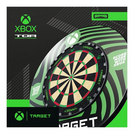 Target Xbox Dartboard Surround-bundel Abgebildet ist das Target Xbox Dartboard Surround Bundle. Es handelt sich um ein Set für Xbox-Dartboards.