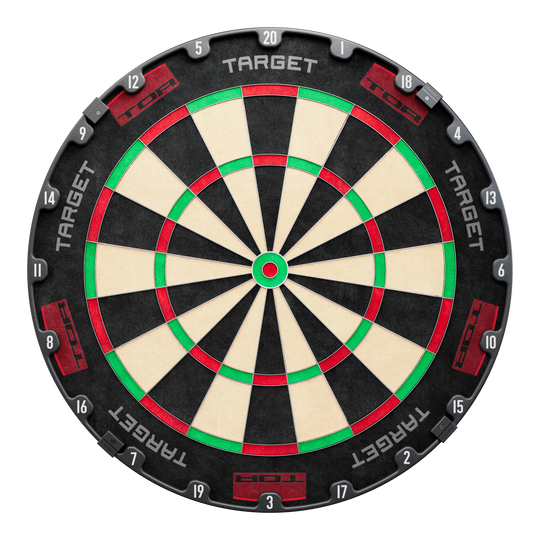 Target TOR Steel Dartbord Target TOR Steeldartboard ist als rundes Dartboard klar abgebildet. Die Segmente und Zahlen sind sichtbar.