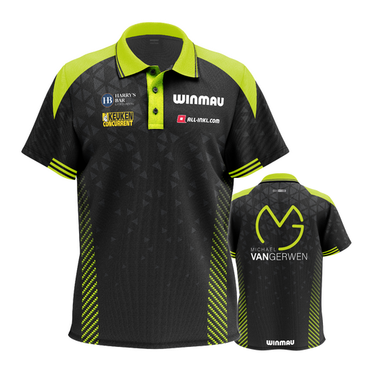 Winmau Michael Van Gerwen Stage poloshirt Auf dem Bild ist das Winmau Michael Van Gerwen Stage Poloshirt zu sehen. Dieses Poloshirt ist für Dart-Fans gestaltet.