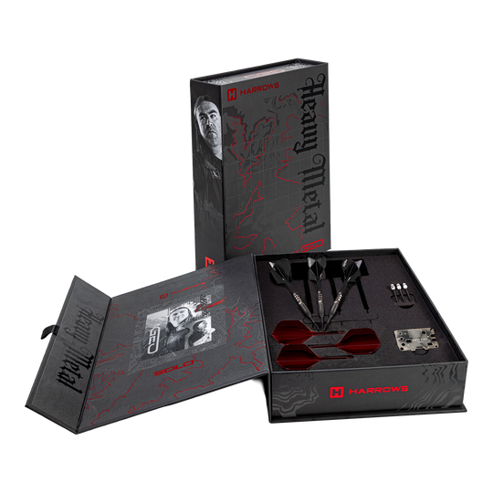 Harrows Ryan Searle Geo Softdarts mit 20g werden gezeigt. Die Darts sind silberfarben und sportlich.