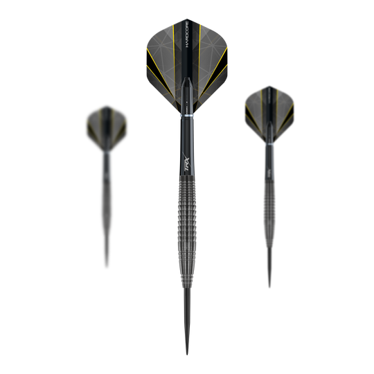 Red Dragon Seren 4 Onyx Steeldarts Das Bild zeigt drei schwarze Steeldarts mit gelben Akzenten und dem Namen „Red Dragon Seren 4 Onyx“. Die Pfeile haben strukturierte Griffe und moderne Flights.