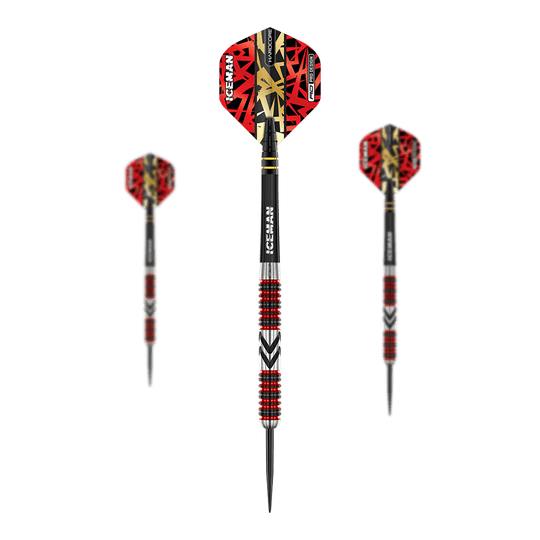 Red Dragon Gerwyn Price Firebird stalen dartpijlen Das Bild zeigt drei Steeldarts mit auffälligen roten und schwarzen Flights. Die Schäfte sind silbern mit roten und schwarzen Rillen sowie der Aufschrift "ICEMAN".