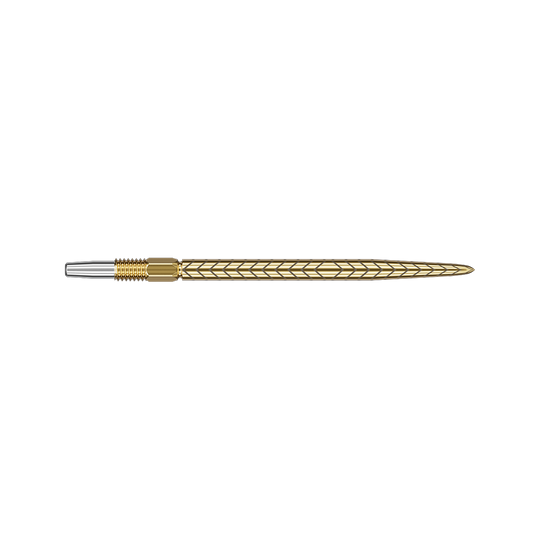 Target Swiss Point RVE darttips - Goud Das Bild zeigt eine goldfarbene Dartspitze mit einem feinen, eingravierten Muster. Die Spitze ist lang und hat ein elegantes, schlankes Design.