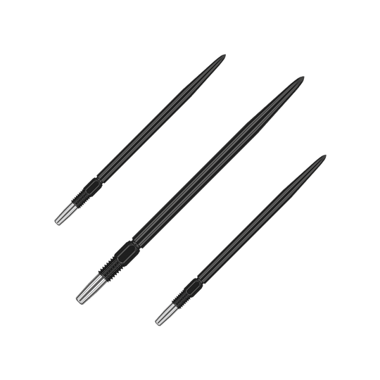Target Swiss Point Black dartpunten Das Bild zeigt drei schwarze Dartspitzen mit silbernem Gewinde. Sie sind in einer diagonalen Anordnung zu sehen.