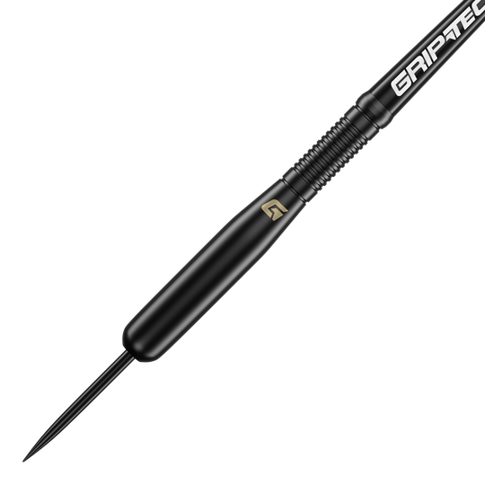 Das Bild zeigt einen schwarzen Steeldart mit der Aufschrift "GRIP-TEC" auf dem Schaft. Es handelt sich um das Produkt "GOAT Homerun Baseball Black Brass Steeldarts - 15g".