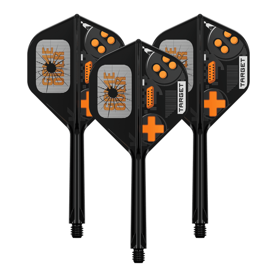 Target K-Flex Game Over No2 standaard flights Das Bild zeigt das Produkt 410581_Target_K-Flex_GameOver_No2_Standard_Flights_33mm_1Set. Es ist wahrscheinlich ein Set von Dart-Flights oder ähnlichem Zubehör.