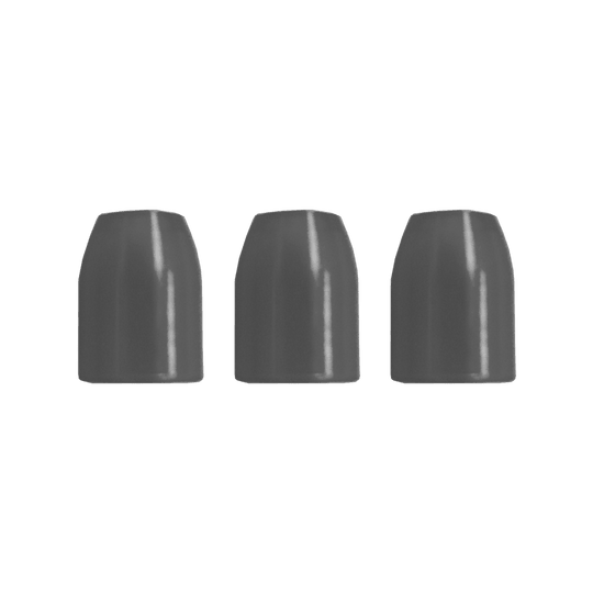 LSF10_L-Style_Champagne-Ringe_ClearBlack_2 Auf dem Bild sind drei schwarze, glatte Kunststoffkappen nebeneinander zu sehen. Sie reflektieren leicht das Licht und stehen auf einer weißen Fläche.