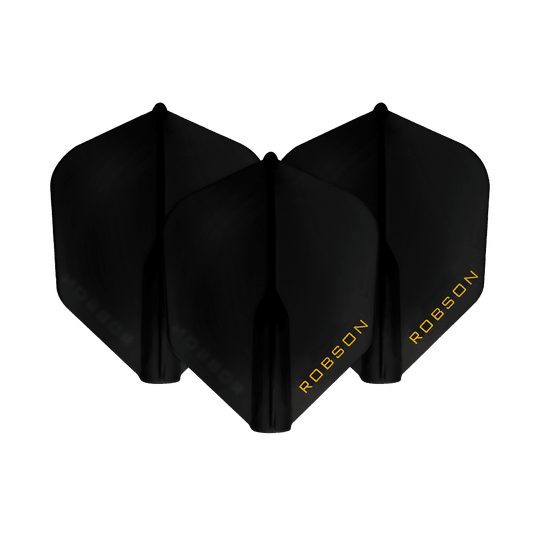 Robson Plus No6 Flights Das Bild zeigt drei schwarze Dart-Flights mit der Aufschrift "ROBSON" in gelber Schrift. Sie sind nebeneinander angeordnet und heben sich vor einem weißen Hintergrund ab.