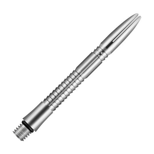 Shot Mako Titanium Shafts Das Bild zeigt einen silbernen, gerillten Titanschaft für einen Dartpfeil. Er hat eine glatte, spitz zulaufende Oberfläche und ist detailliert verarbeitet.