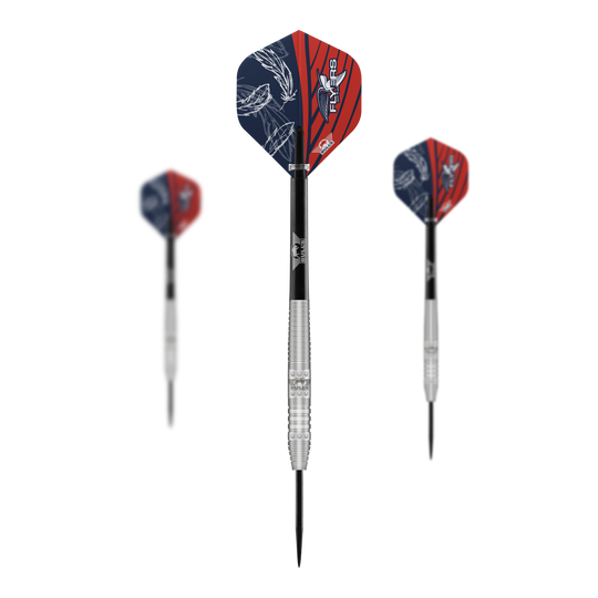 Bulls NL Richard Veenstra 80 stalen darts - 23g Das Bild zeigt drei Steeldarts des Modells "Bulls NL Richard Veenstra 80" mit 23g Gewicht. Die Flights sind rot-blau gestaltet und auf dem mittleren Dart ist das Logo gut zu erkennen.