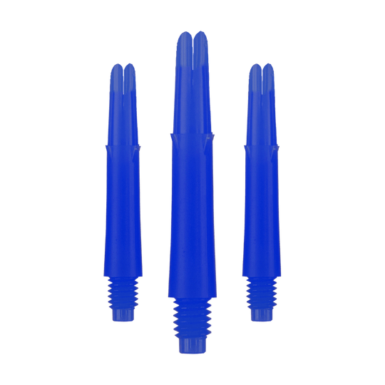 L-L-Style-Shafts Locked Straight - Blauw Auf dem Bild sind drei blaue Dartschäfte in unterschiedlicher Höhe zu sehen. Sie haben ein gerades Design und ein Gewinde am unteren Ende.