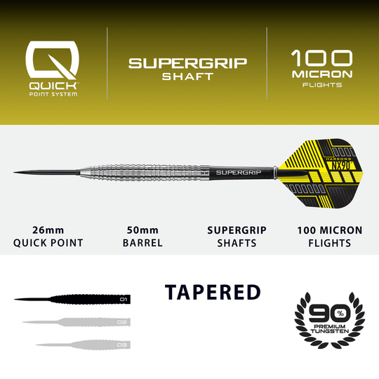 Harrows NX90 Taps Toelopende Quick Point Stalen Darts Zu sehen sind die Harrows NX90 Tapered Quick Point Steeldarts. Diese Darts sind konisch geformt und bieten optimalen Halt beim Wurf.