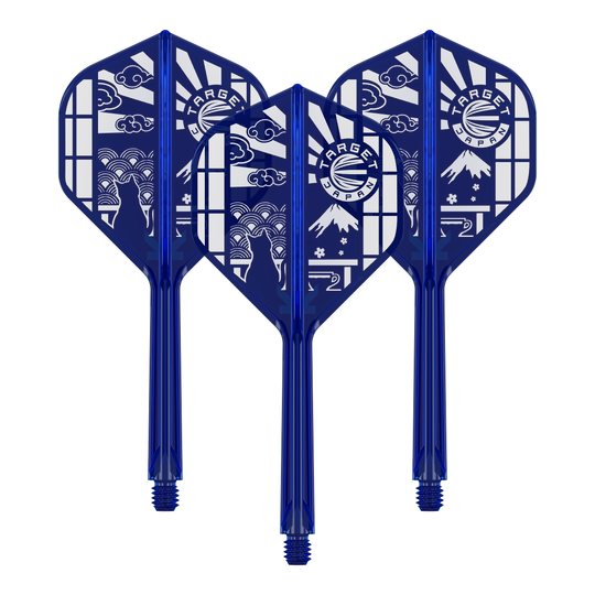 Ein Set von Target Japan K-Flex Blue Limited No2 Flights 33mm wird dargestellt. Das Set zeigt blaue Dartflights.