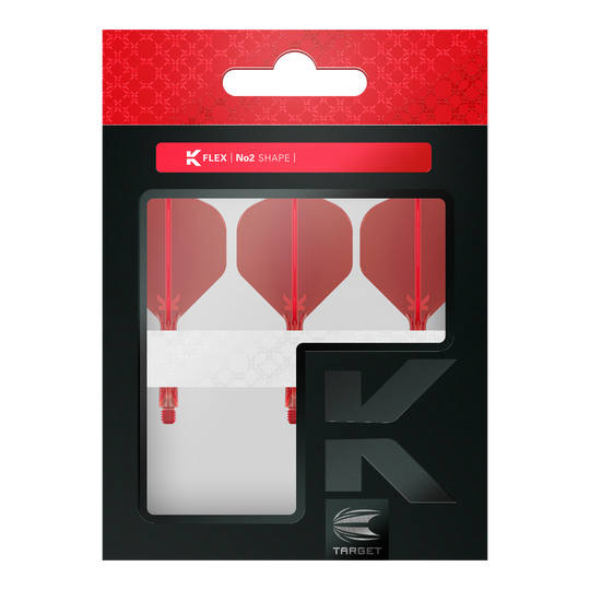 Target K-Flex No2 Standaard Vluchtsysteem - Rood Die Abbildung zeigt eine Packung mit drei roten Dart-Flights von Target in der Form No2. Die Verpackung ist überwiegend schwarz mit einem roten oberen Abschnitt und einem Sichtfenster.