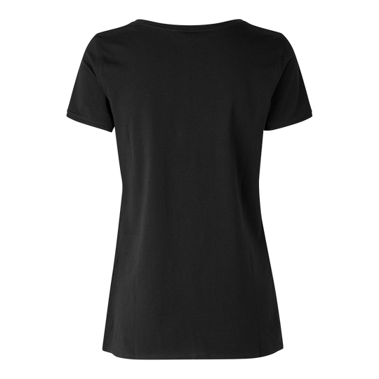 Barrels and Shafts dames-T-shirt - zwart Das Bild zeigt ein schwarzes Damen-T-Shirt von hinten. Das T-Shirt hat einen einfachen, klassischen Schnitt ohne sichtbare Aufdrucke oder Muster.